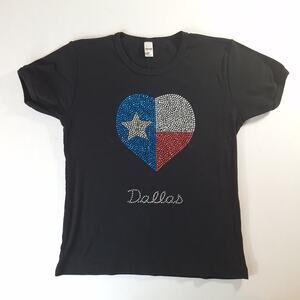 Girls Large Dallas Texas Sparkly Heart Tee Black Cotton Short Sleeve Patriotic